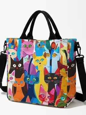 Colorful Cat Print Crossbody Tote Bag | Large Snap Closure